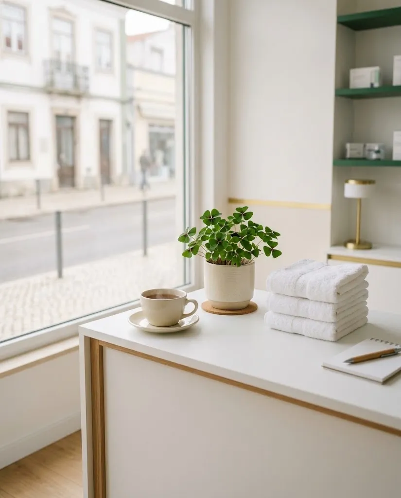 A receção com uma chávena de bebida quente no balcão e uma planta verde