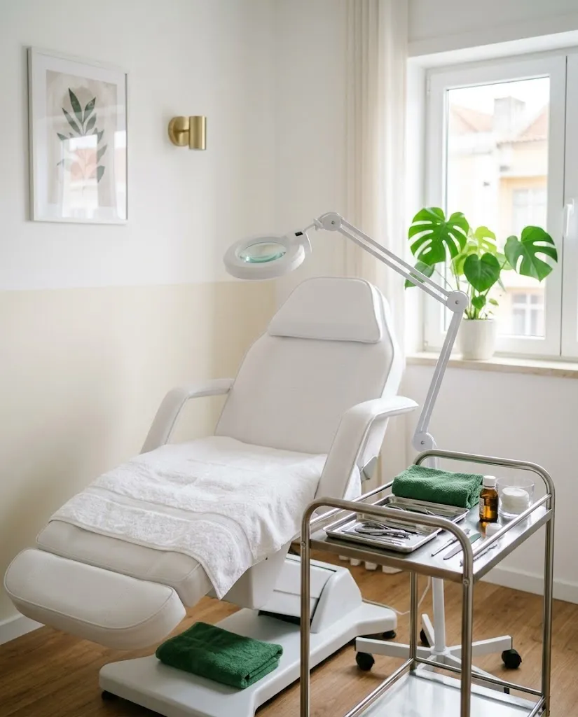 Uma sala de tratamento luminosa com cadeira de pedicure, toalhas brancas e uma planta verde