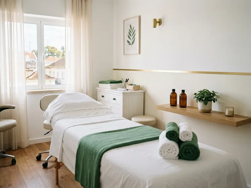 Uma marquesa de massagem com toalhas enroladas e frascos de óleo