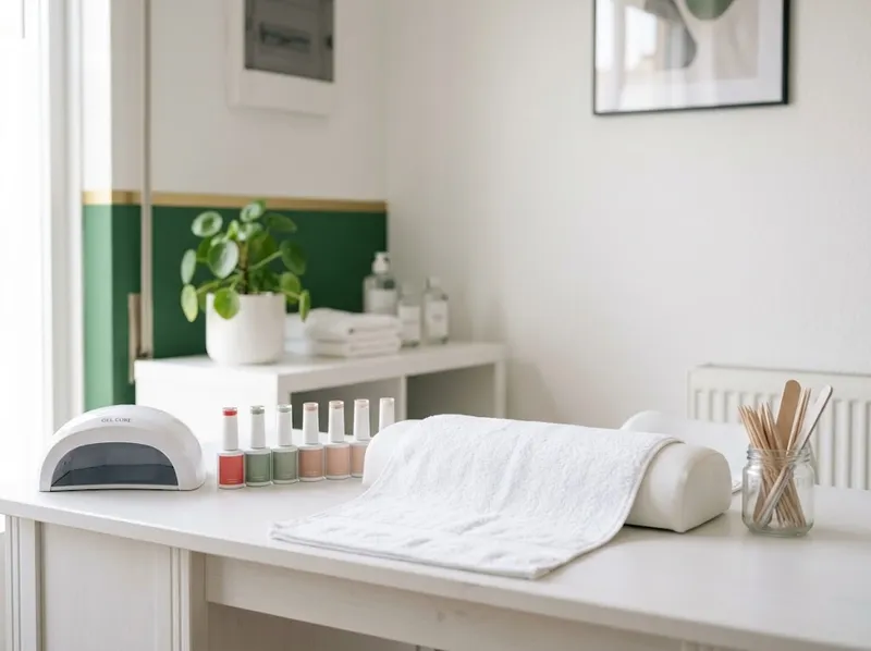 Uma mesa de manicure com frascos de verniz e um pequeno candeeiro