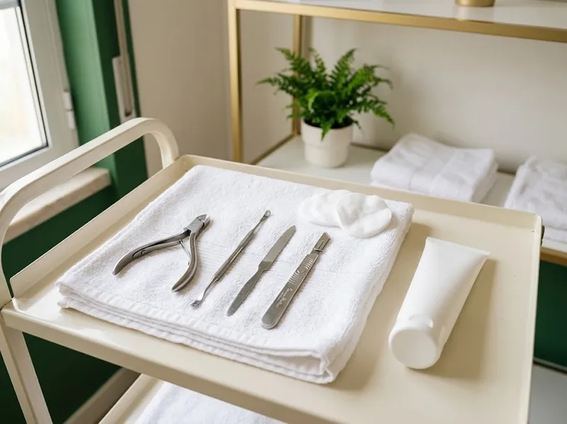 Instrumentos de pedicure alinhados sobre uma toalha branca dobrada